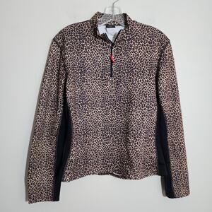 Hot Chillys 1/4 zip cheetah print color block under sleeves shirt woman's size L